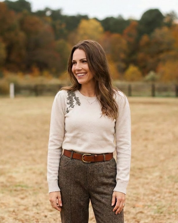 Becky Rivers, founder of High Water Designs, standing in a meadow with autumn trees behind her